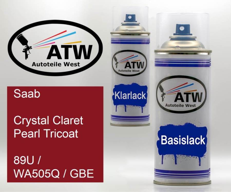 Saab, Crystal Claret Pearl Tricoat, 89U / WA505Q / GBE: 400ml Sprühdose + 400ml Klarlack - Set, von ATW Autoteile West.